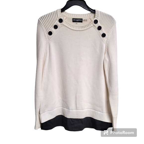 Karl Lagerfeld Paris White Mix Media Layered Ribbed Shoulder Detail Sweater S - Picture 10 of 10